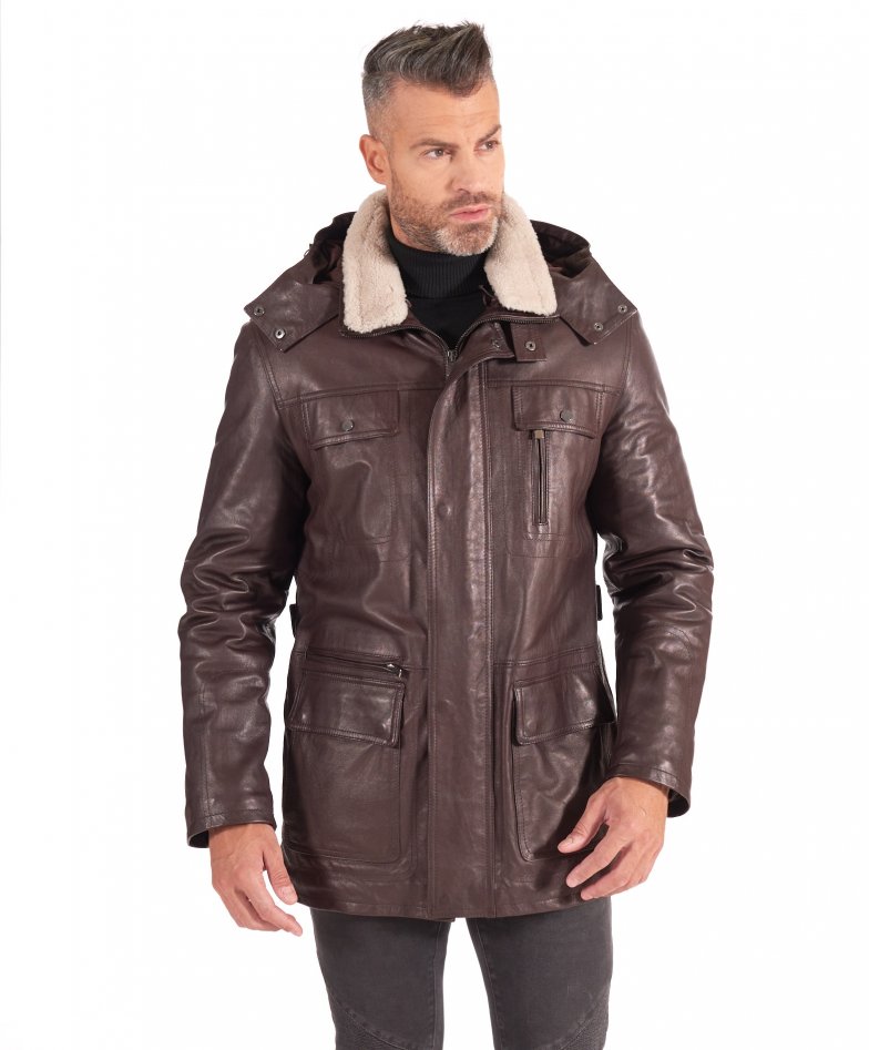 Sur-veste 3/4 en cuir homme cuir grainé couleur marron foncé