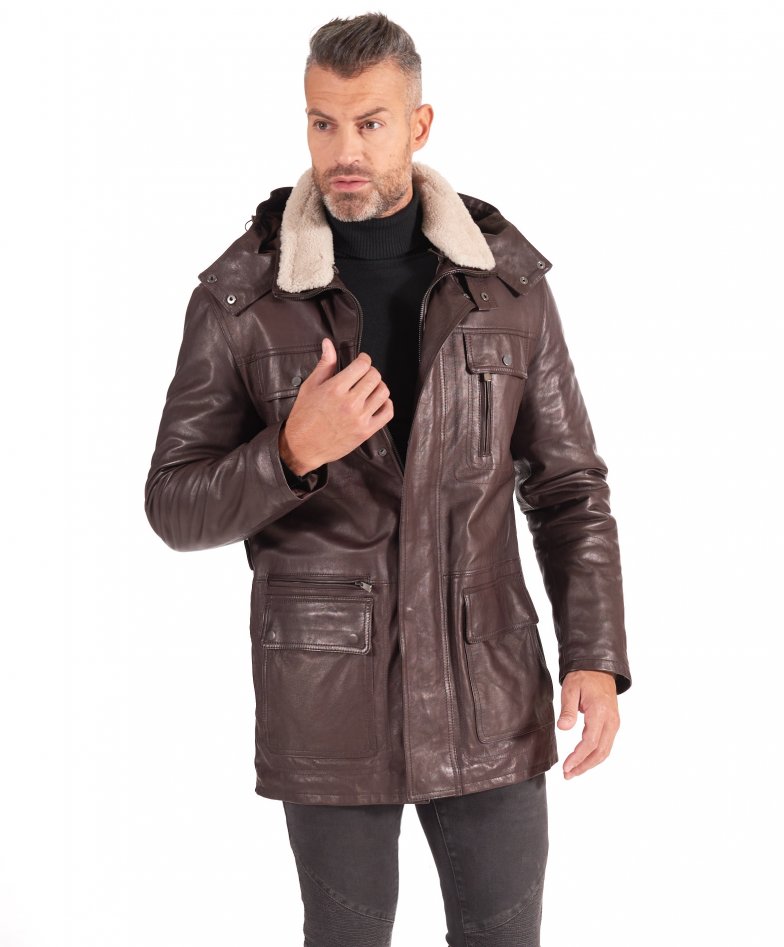 Veste de safari en cuir véritable 3/4 pour homme, manteau de