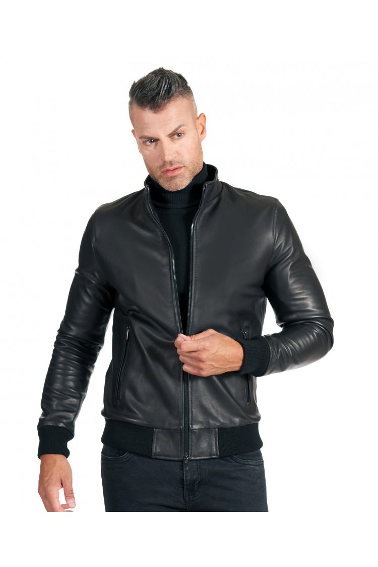 Blouson cuir noir bomber cuir plongé aspect lisse