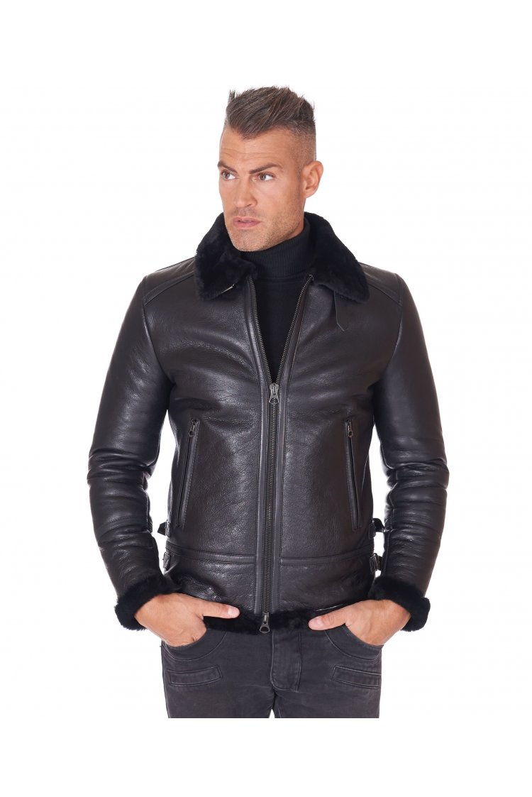 Blouson mouton noir veste moto col chemise à boucle