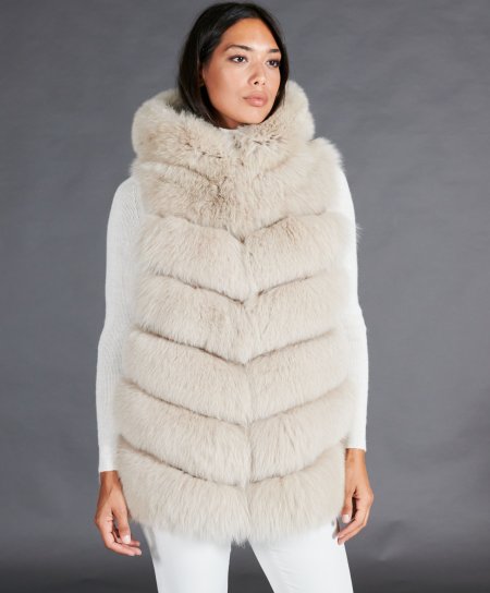 Veste fourrure renard femme avec capuche • couleur beige
