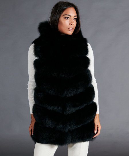 Veste fourrure renard femme avec capuche • couleur noir