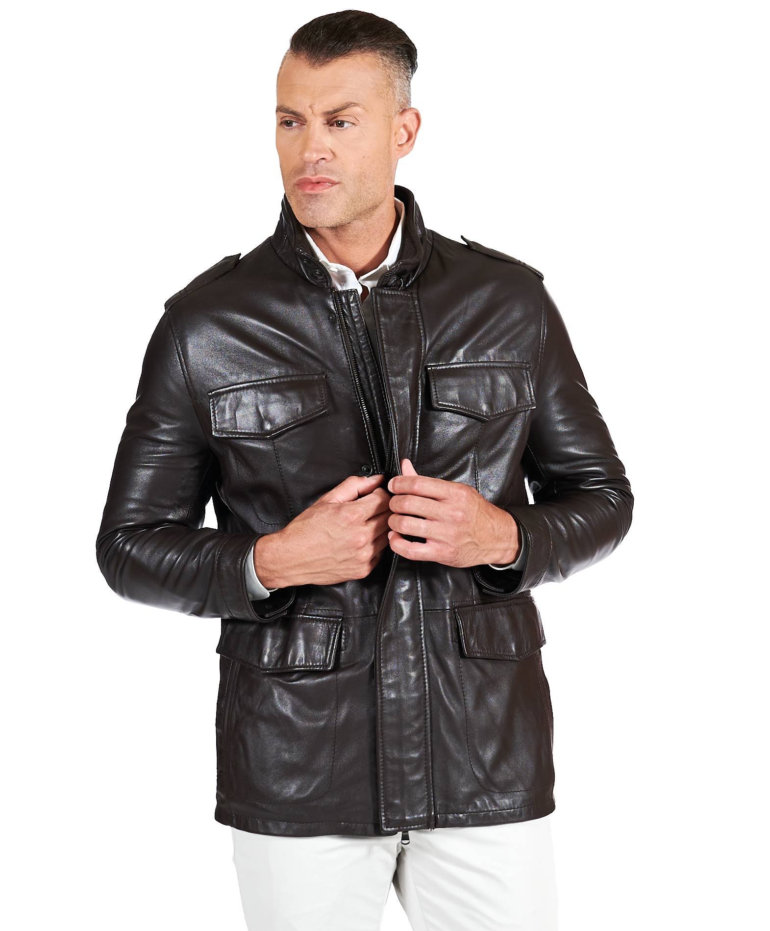 Sur veste cuir homme poches rabat cuir plong marron Best D