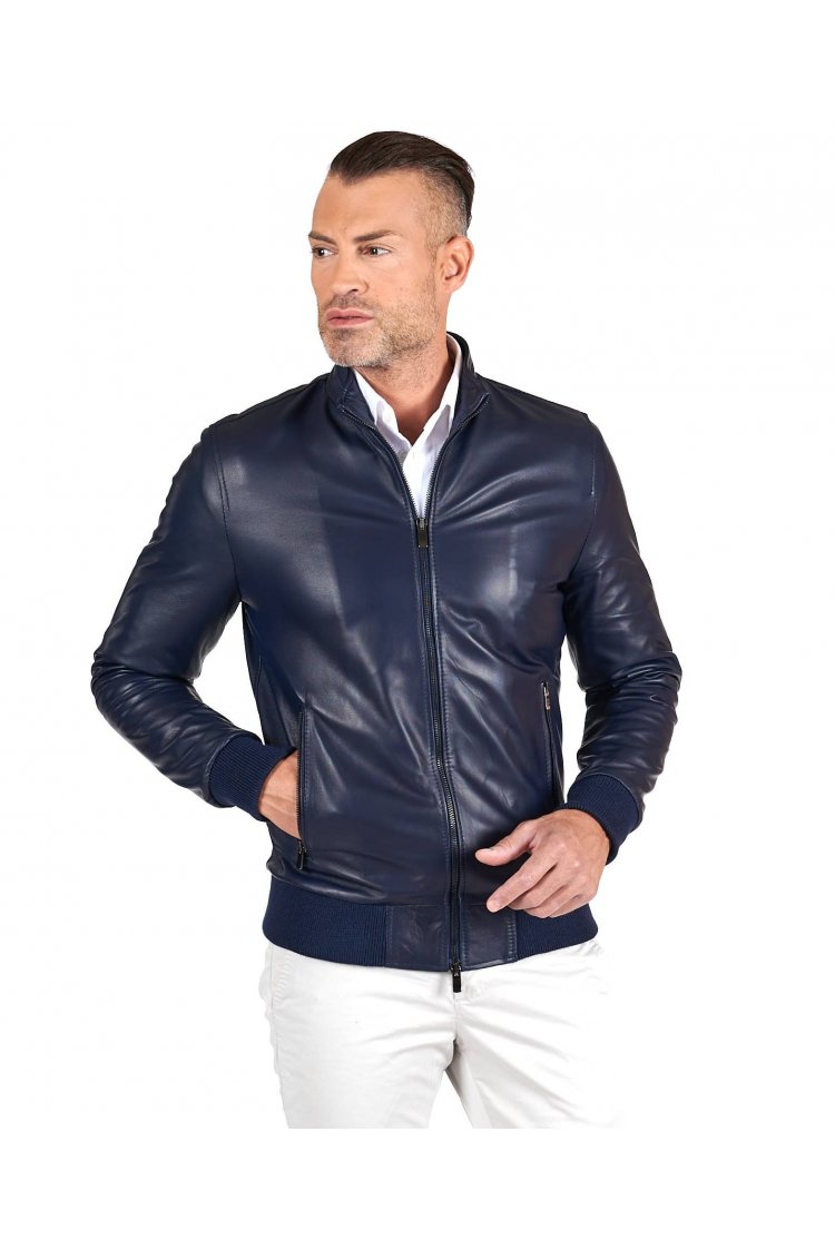 Blouson cuir bleu bomber...