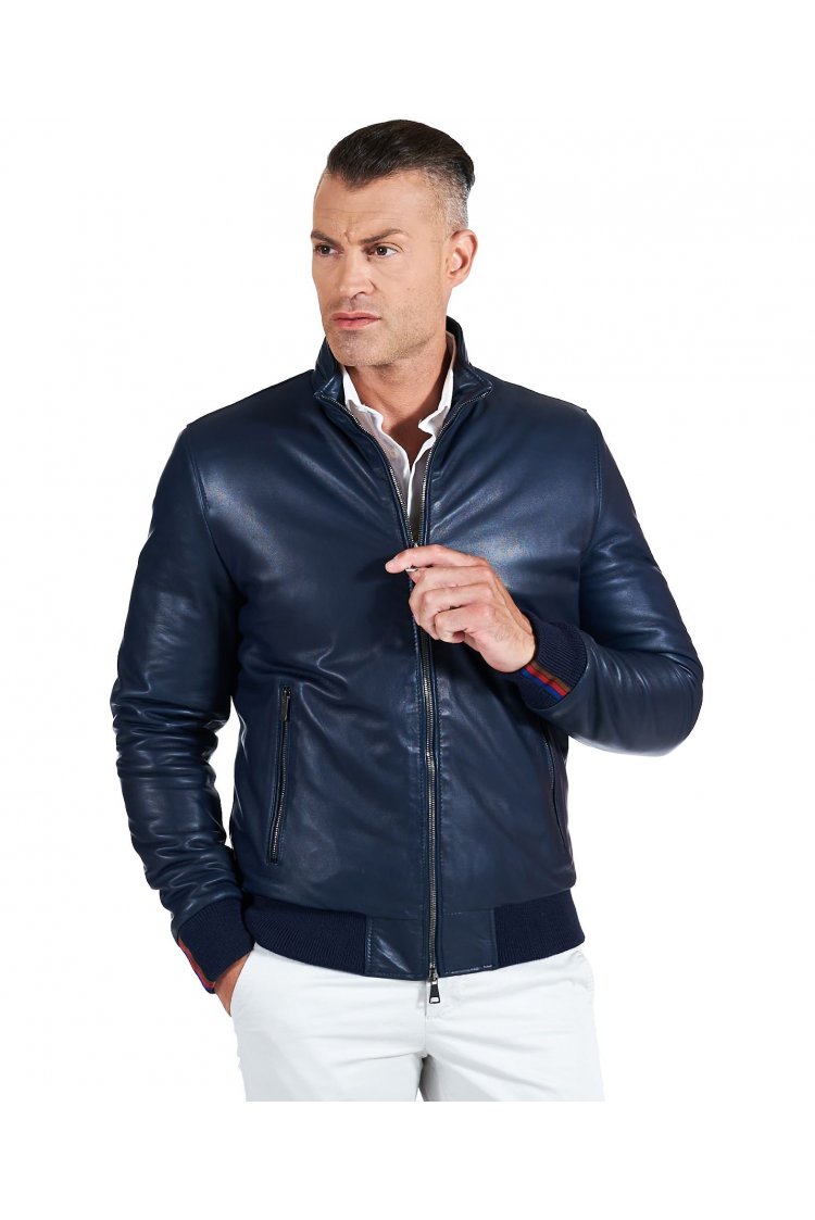 Bomber matelassé cuir bleu homme col mao zippée