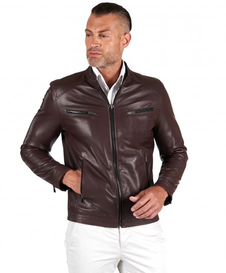 Blouson cuir naturel bordeaux quatre poches veste moto