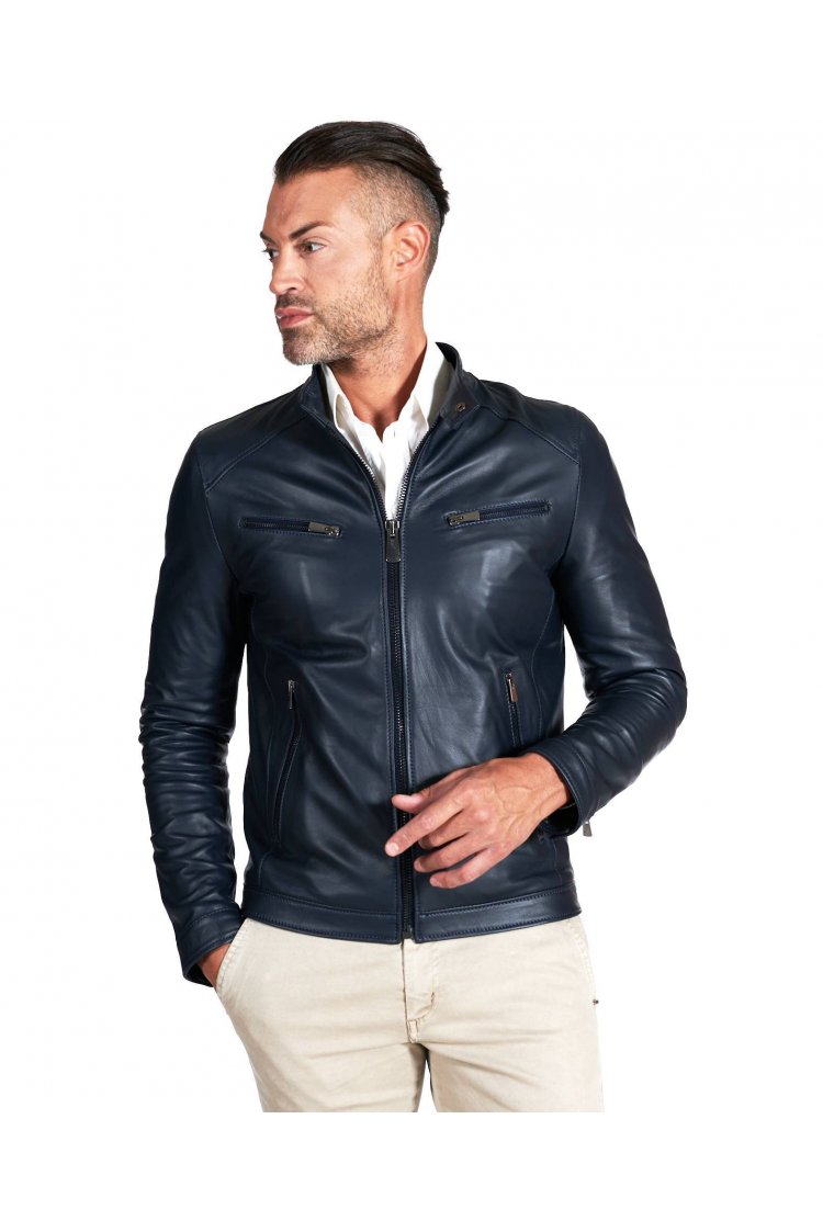 Blouson cuir plongé bleu quatre poches veste moto