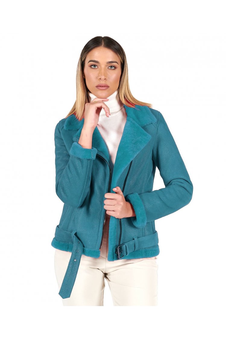 Blouson mouton retourné turquoise avec ceinture et éclair croisé