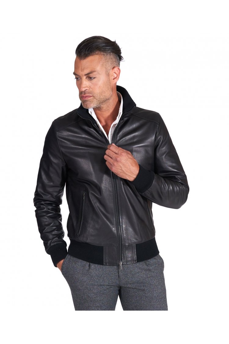 Blouson cuir noir bomber agneau plongé