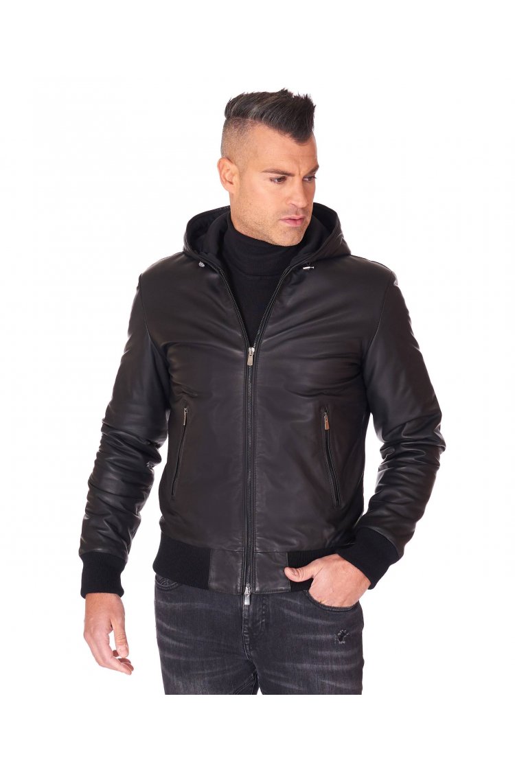 Bomber cuir noir avec capuche cuir plongé