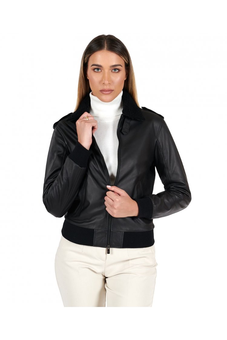 Bomber aviateur cuir noir effet lisse