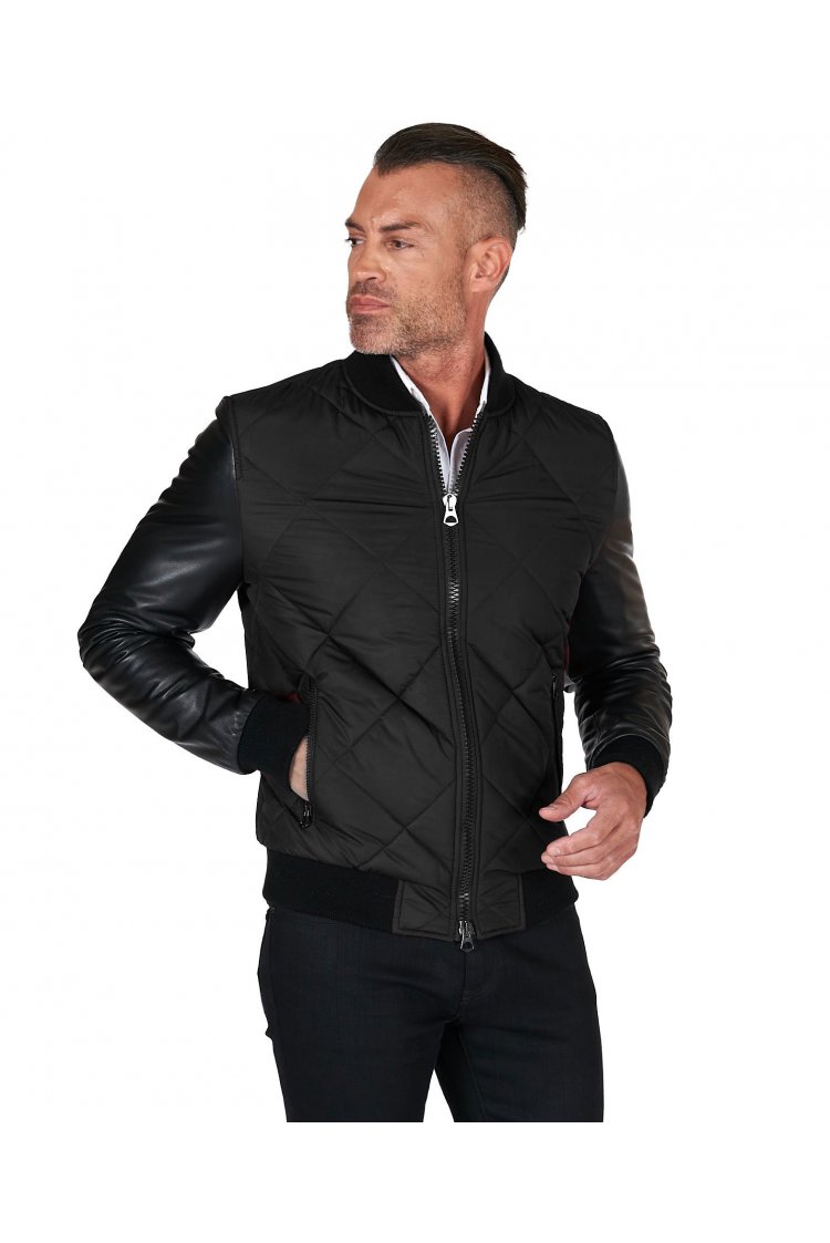 Blouson bomber en cuir noir et tissu noir