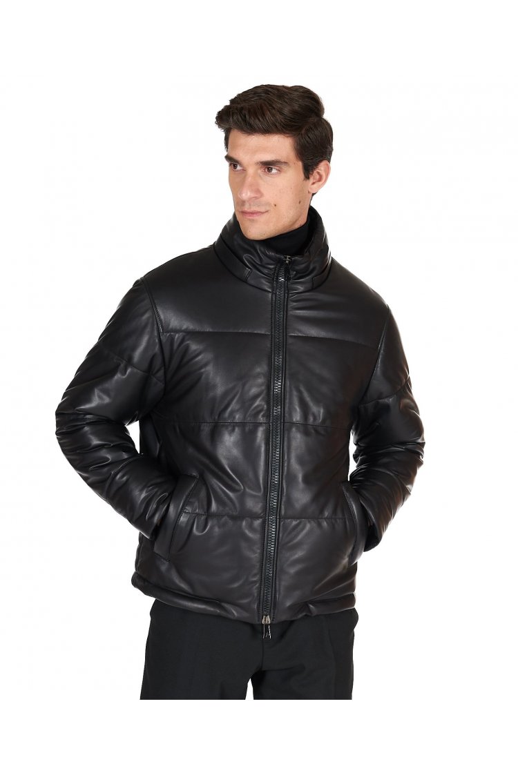 Doudoune cuir matelassé noir homme verison courte oversize