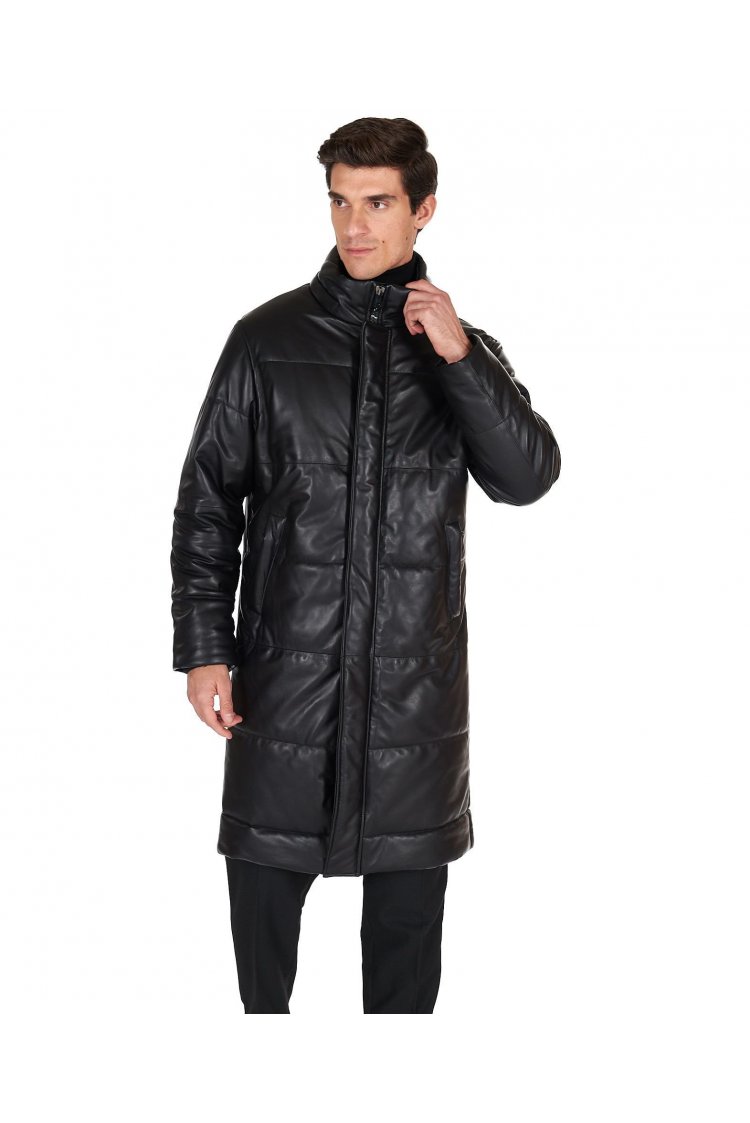 Doudoune longue homme cuir matelassé noir verison oversize