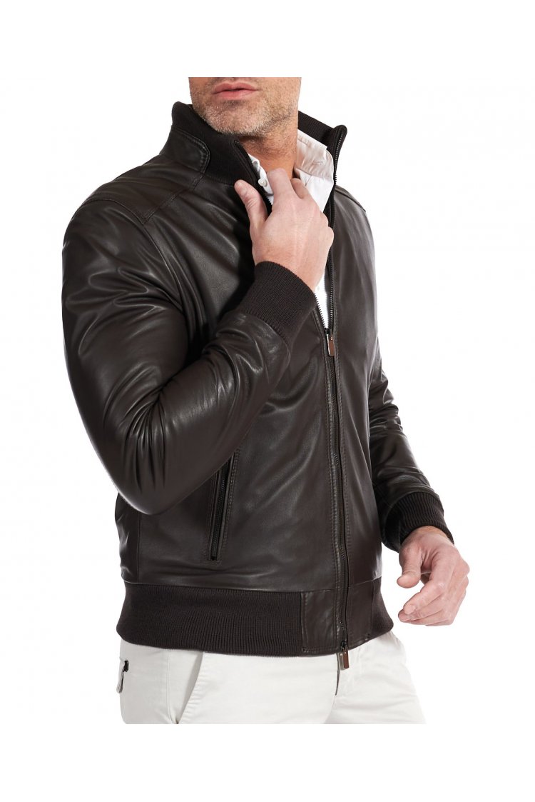 Blouson cuir naturel marron foncé bomber col lainé