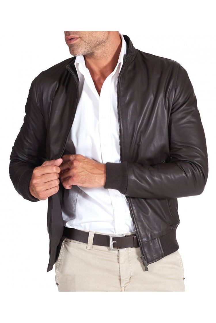 Blouson cuir marron foncé bomber cuir naturel aspect lisse