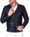 Giacca moto in pelle blu biker trapuntato spalle effetto liscio