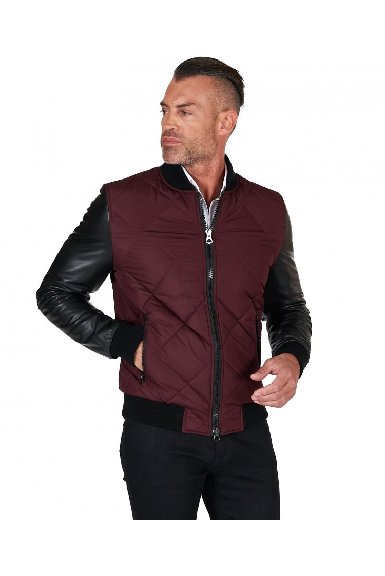 Blouson bomber en cuir noir et tissu bordeaux  