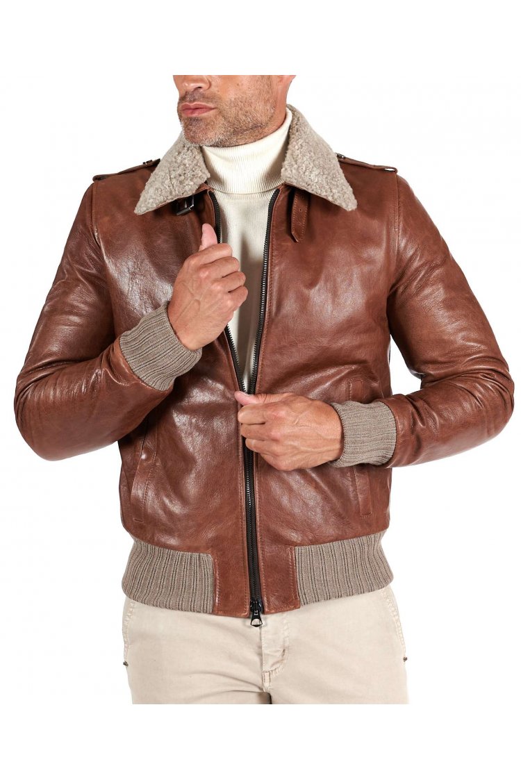 Blouson cuir cognac bomber...