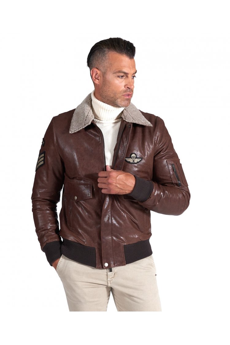 Blouson cuir marron foncé bomber cuir vintage col lainé