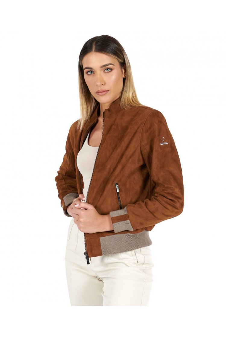 Blouson bomber cuir daim cognac femme avec laine mérinos