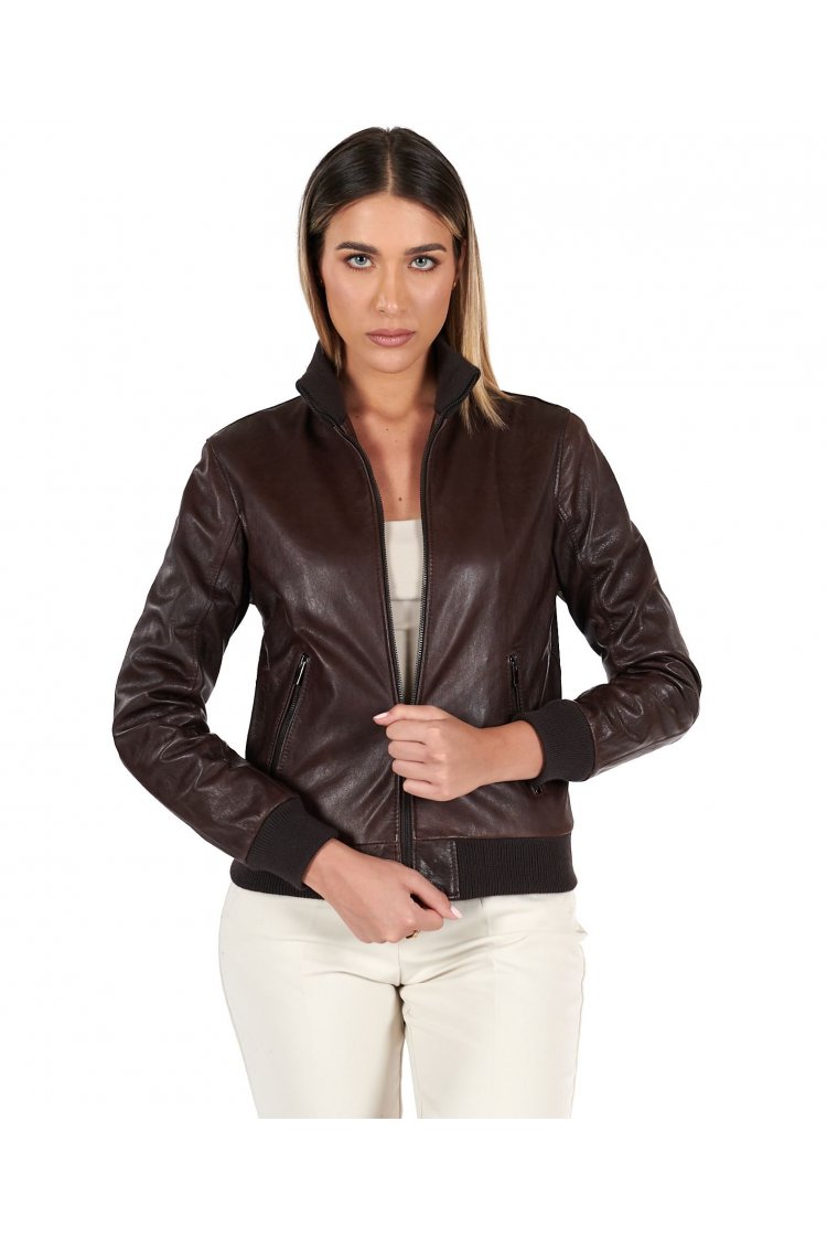 Veste cuir marron foncé blouson bomber effet vintage