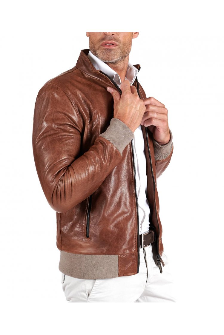 Blouson cuir cognac bomber...