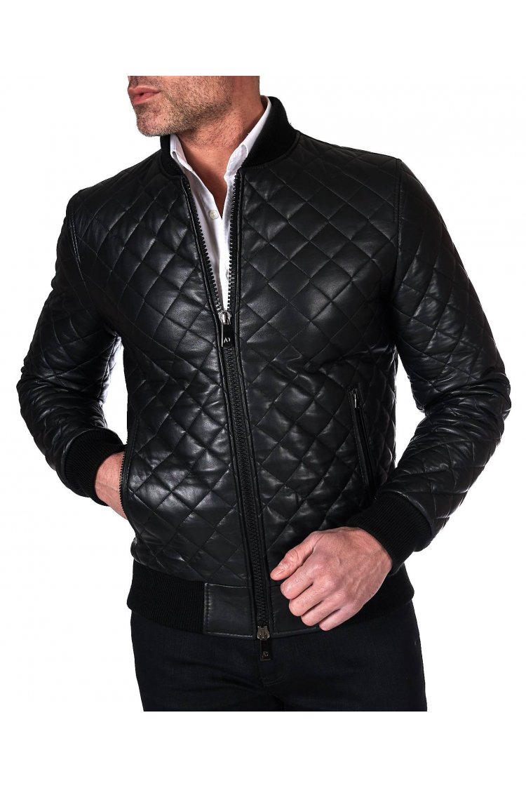 Veste bomber en cuir noir matelassé en losanges