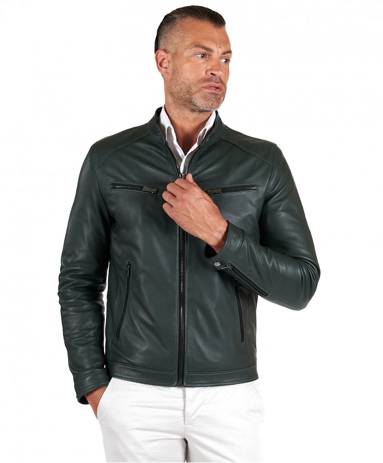 Blouson cuir naturel vert quatre poches veste moto