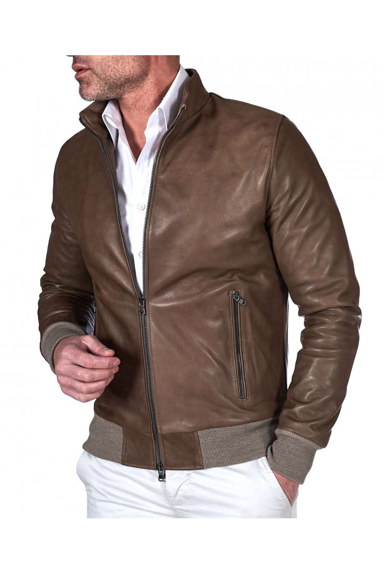 Blouson cuir taupe bomber...