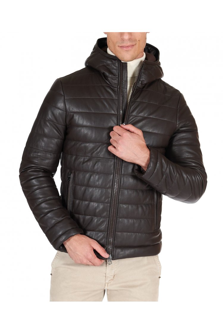 Doudoune cuir marron avec...