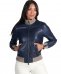 Bomber in pelle naturale blu collo in lana merino