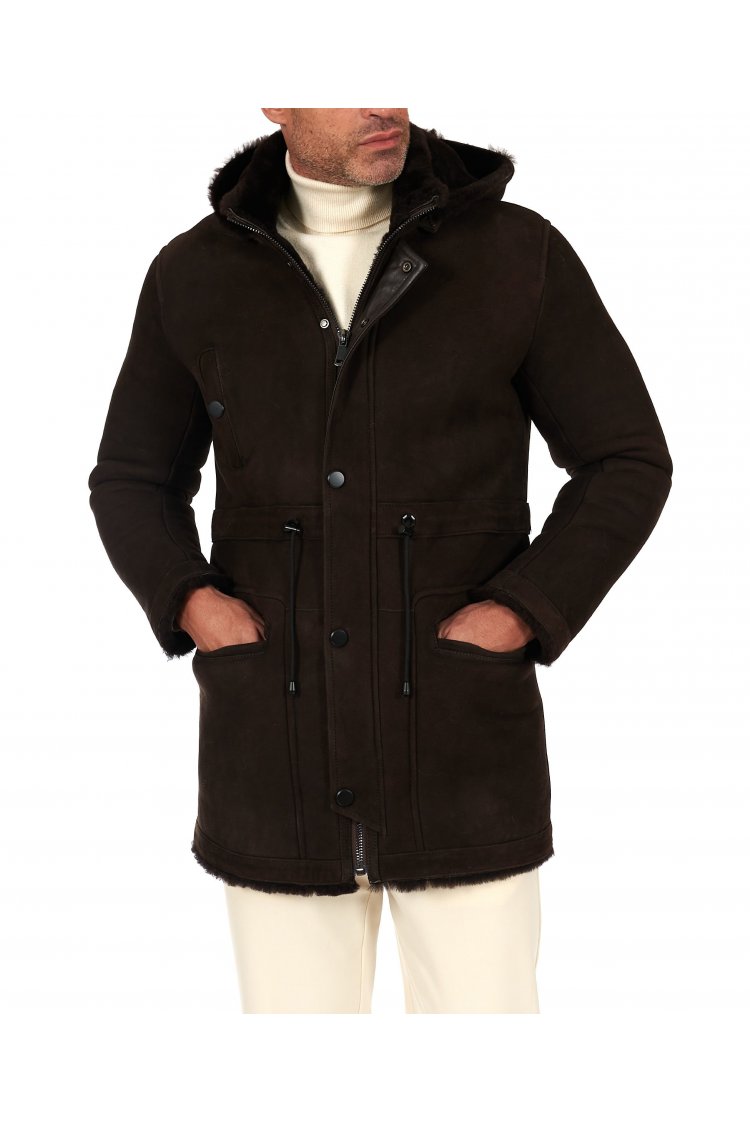 Manteau mouton retourné marron foncé avec capuche amovible 