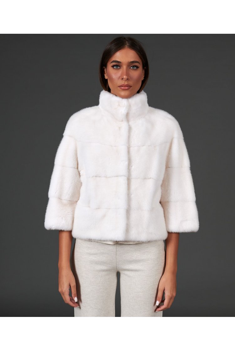 Veste fourrure vison femme col rond • couleur blanche