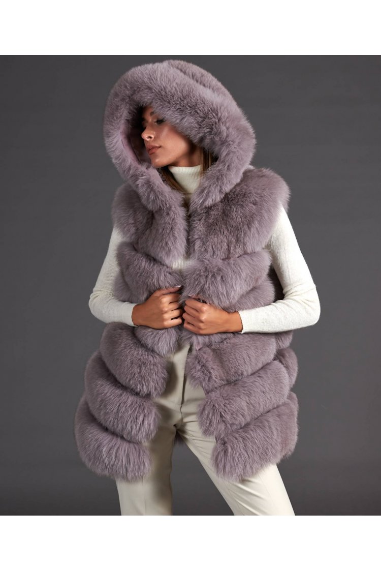 Veste fourrure renard femme avec capuche • couleur gris
