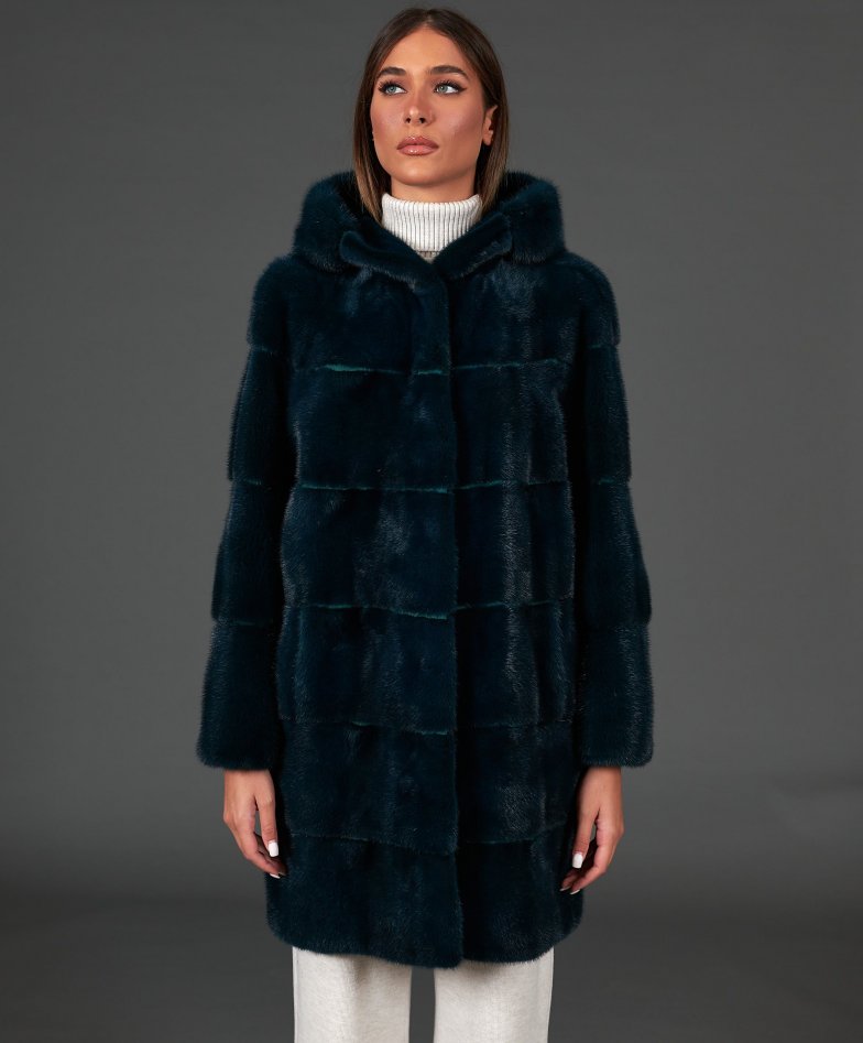 Manteau fourrure vison femme avec capuche couleur vert fonce