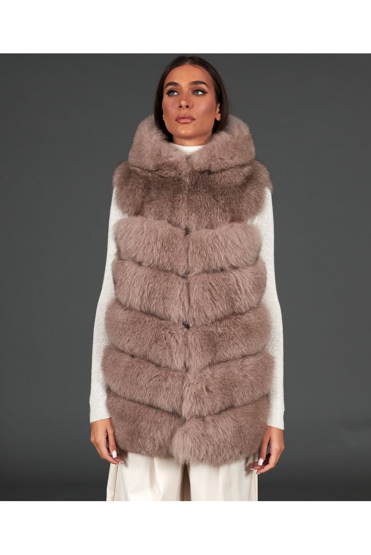 Veste fourrure renard femme avec capuche • couleur rose poudre