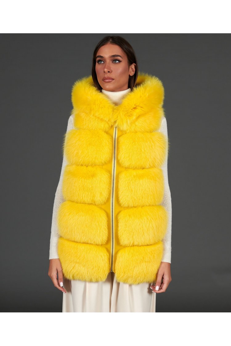 Veste fourrure renard femme avec capuche • couleur jaune 