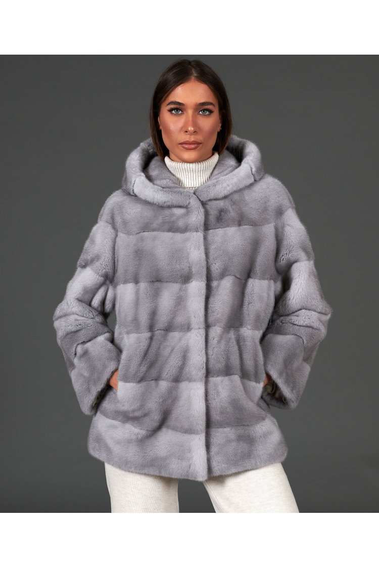 Veste fourrure vison femme avec capuche • couleur saphir