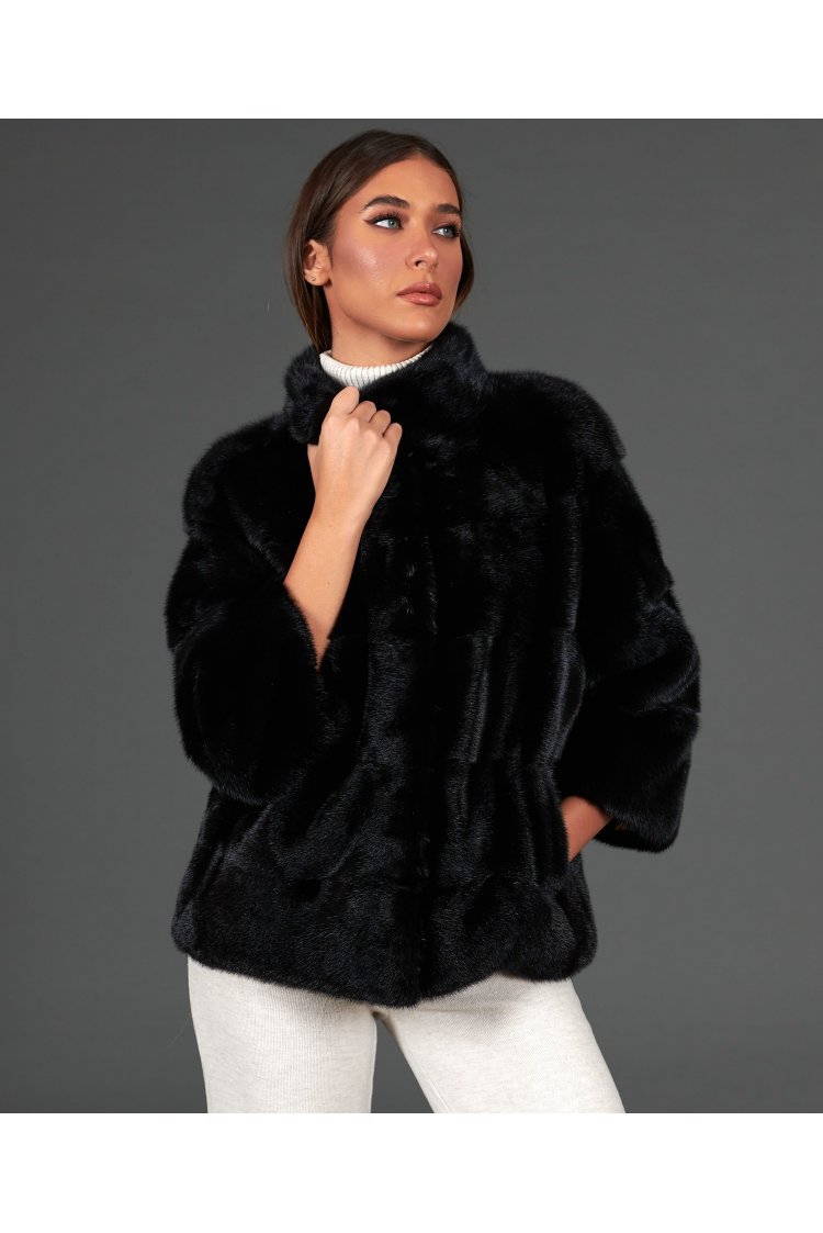 Veste fourrure vison femme col rond • couleur noir