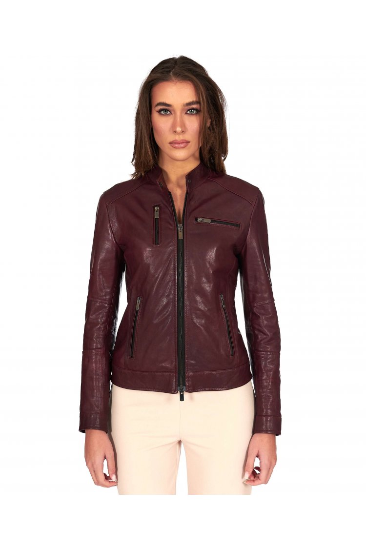 Veste cuir végétal bordeaux quatre poches effet vintage