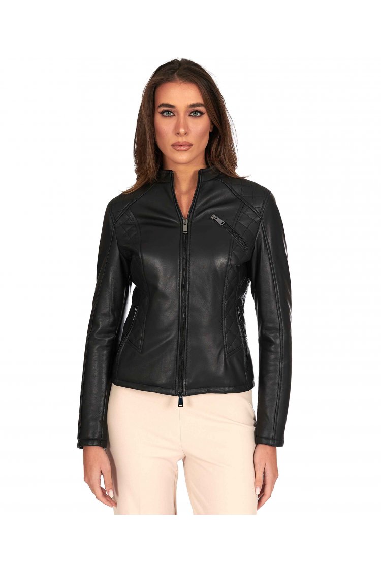 Veste cuir noir veste moto col mao agneau plongé