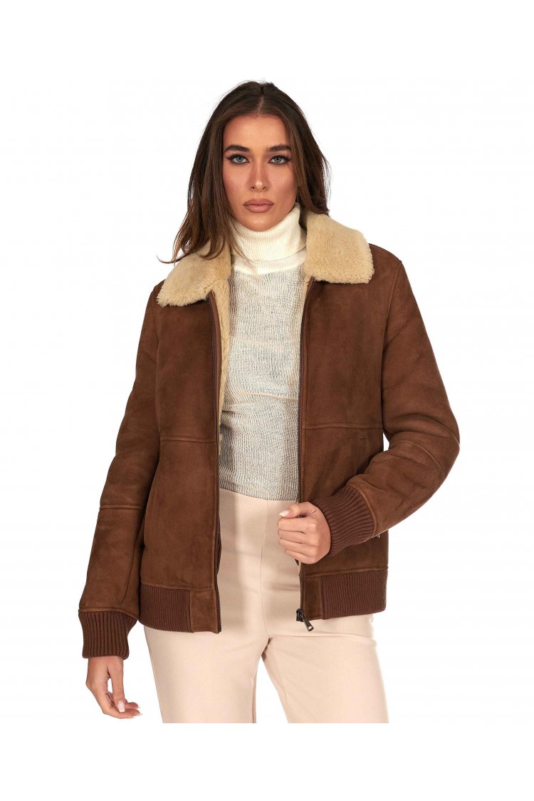 Bomber en cuir de mouton suedé cognac avec col contrasté