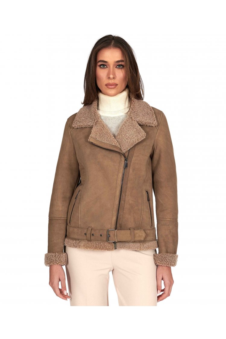 Blouson mouton taupe motard...