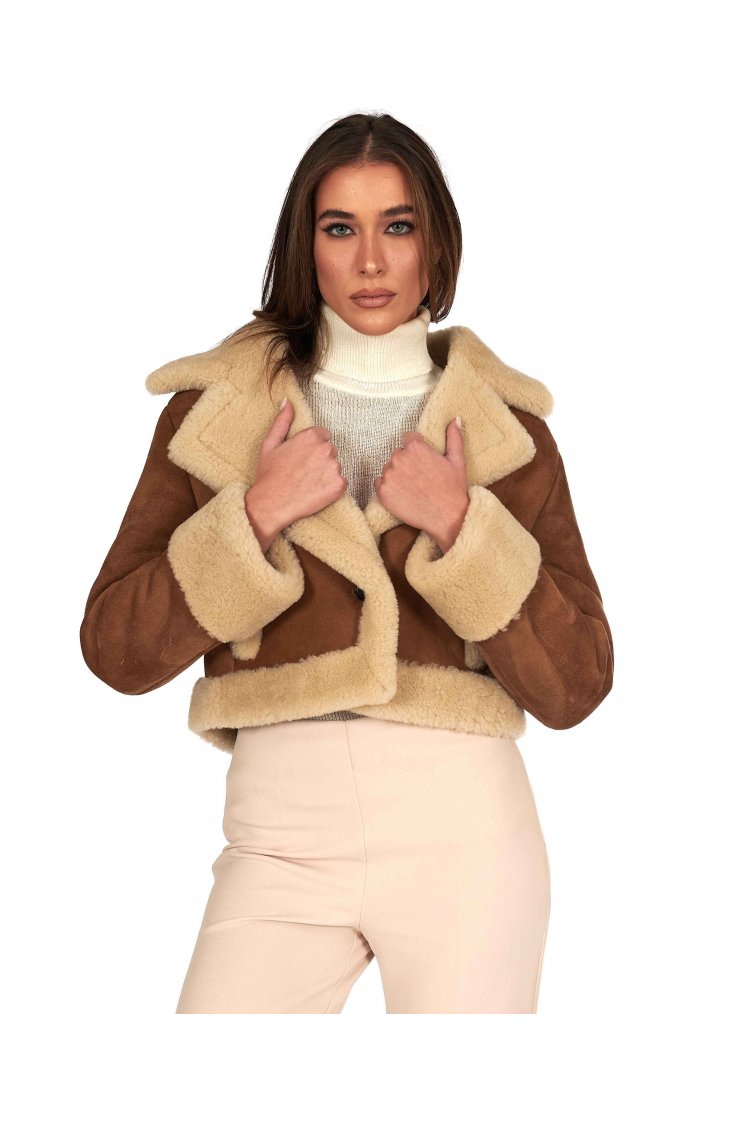Veste mouton cognac version courte effet lisse