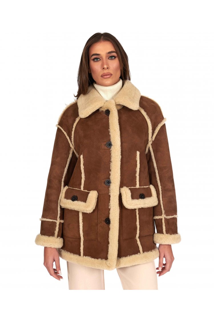 Veste mouton cognac version longue effet vintage