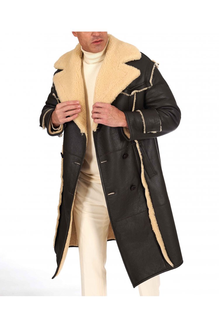 Manteau croisé en peau de mouton marron foncé effet vintage