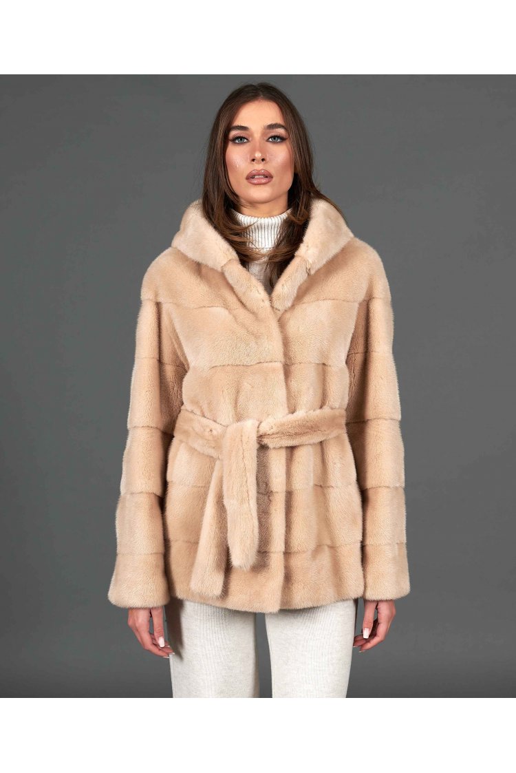 Veste fourrure vison femme capuche et ceinture • couleur beige