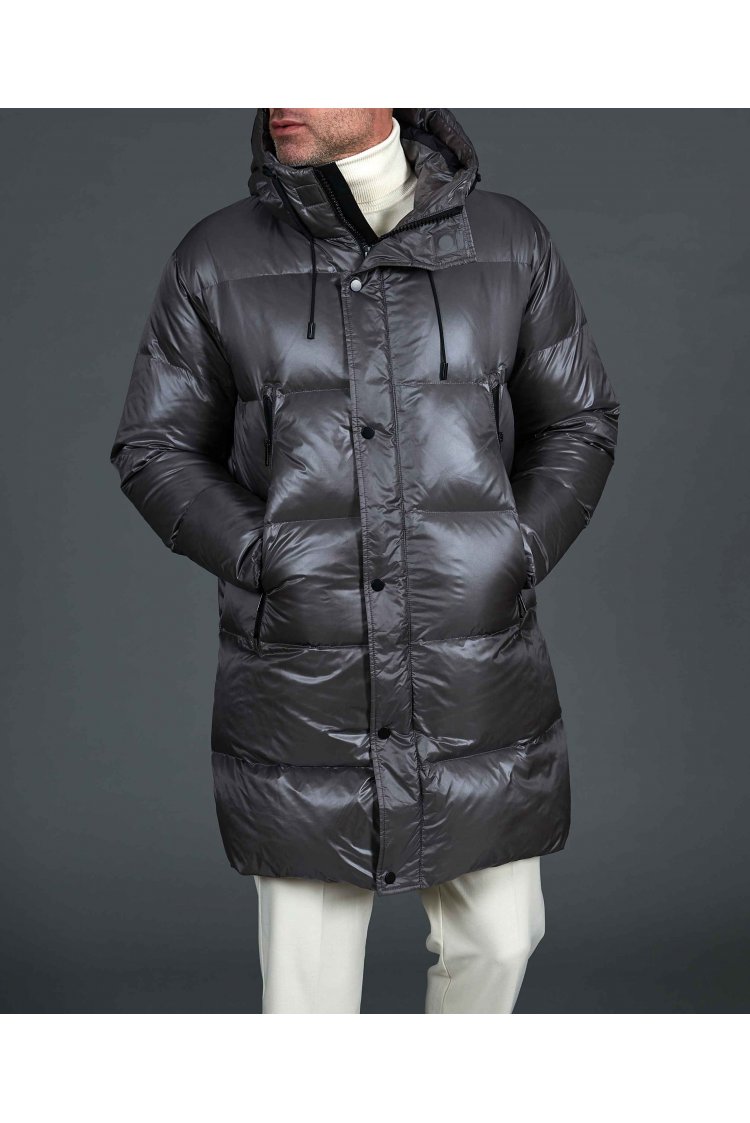 Veste longue en duvet véritable gris pouvant être pliée en sac à dos