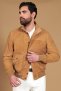 Giacca bomber in pelle camoscio beige con bottoni e tasconi